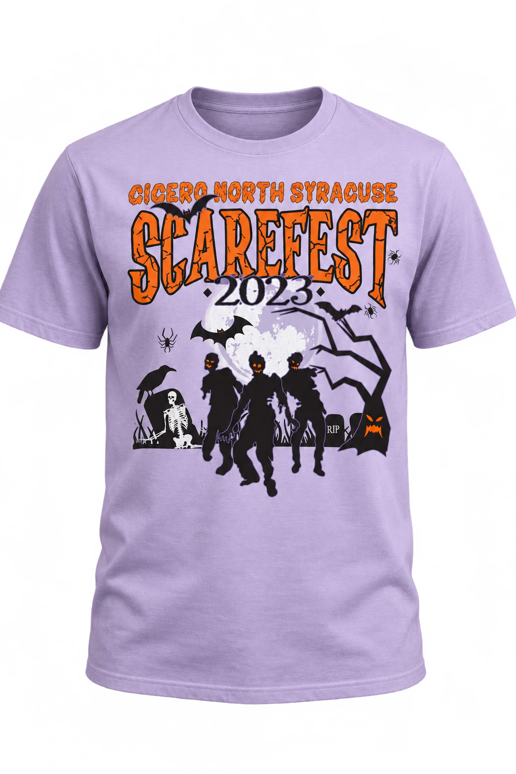 Presentation mockup of the CNS Scarefest artwork on an orchid-colored T-shirt